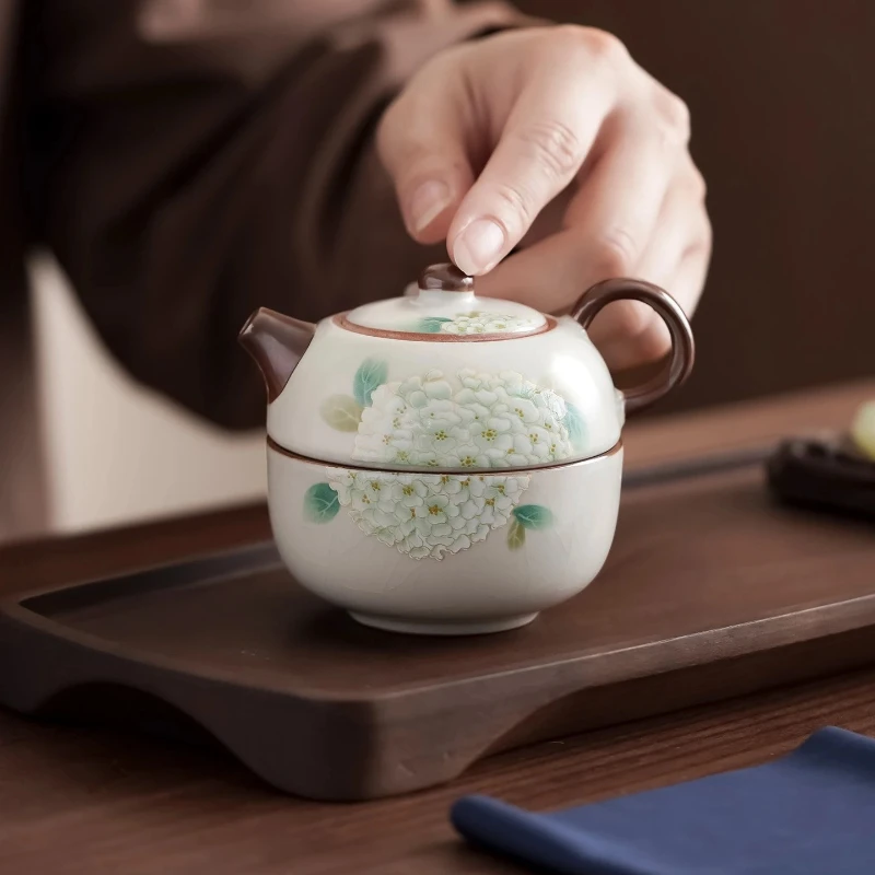 Handmade Teapot Portable Ru Kiln Tea Set Ceramics One Pot One Cup Outdoor Travel Chinese Kung Fu Tea Set Vintage