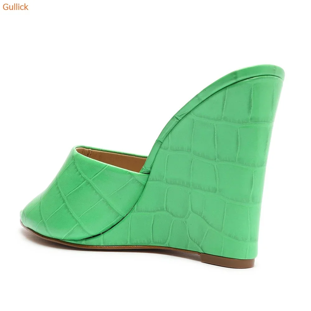 Women Summer Casual Slides Wedges Pointed Toe Slip On Sandals Black Green Pink Leather One Word High Heel Slippers Large Size 46