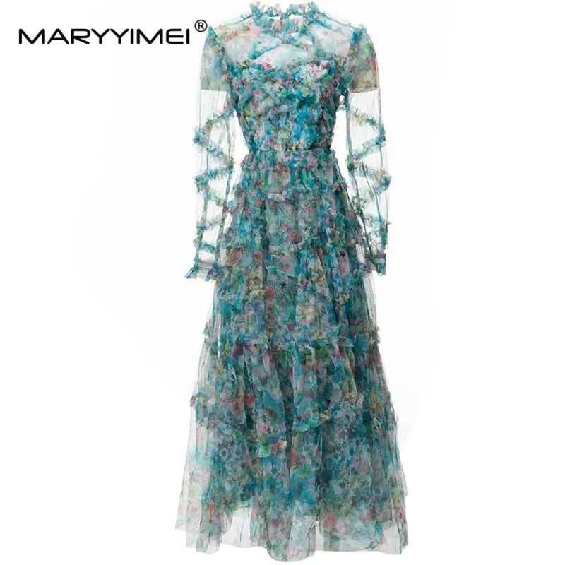 

MARYYIMEI Fashion Summer Women's Dress Long sleeved Stripe Edible Tree Fungus Mesh Floral Print Party Elegant Dresses
