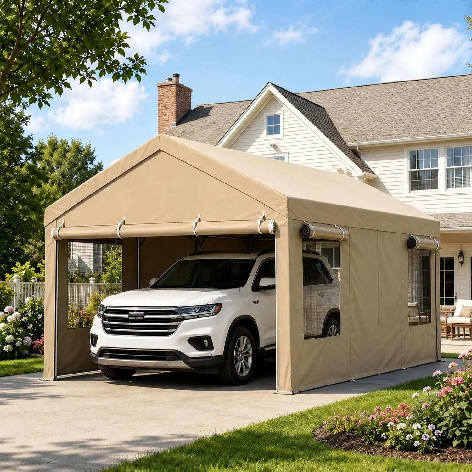 12x20 Heavy Duty Carport SUV 180g PE Tarp 8 Legs Roll-Up Windows Removable Sidewalls UV Resistant Steel Frame, Customized