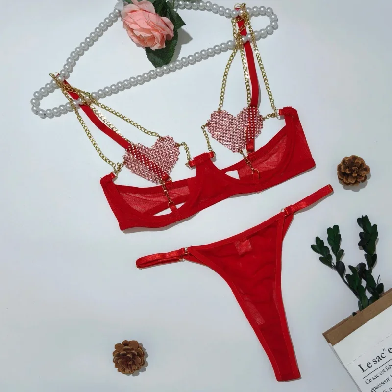 

Sexy Bra Red Heart Three-Point Hollow Patchwork Heart-Shaped Chest Stickers Metal Chain Set