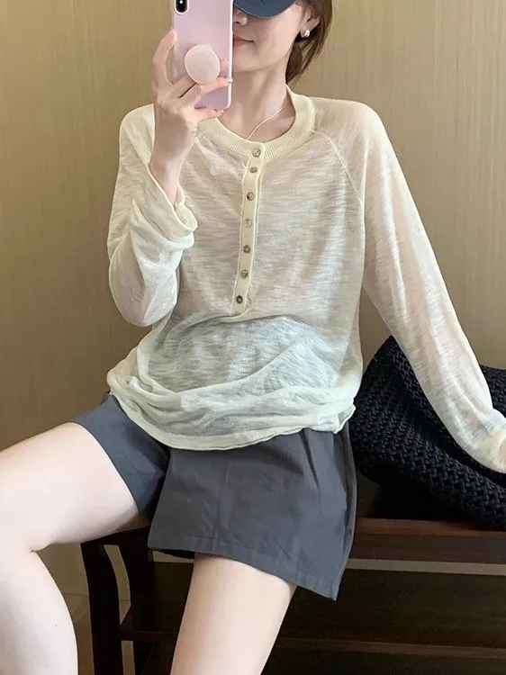 Klein Blue Sun Protection Ice Silk Long Sleeve T-Shirt Women's Loose Thin Outerwear Commute Style Pure Color Autumn Wear