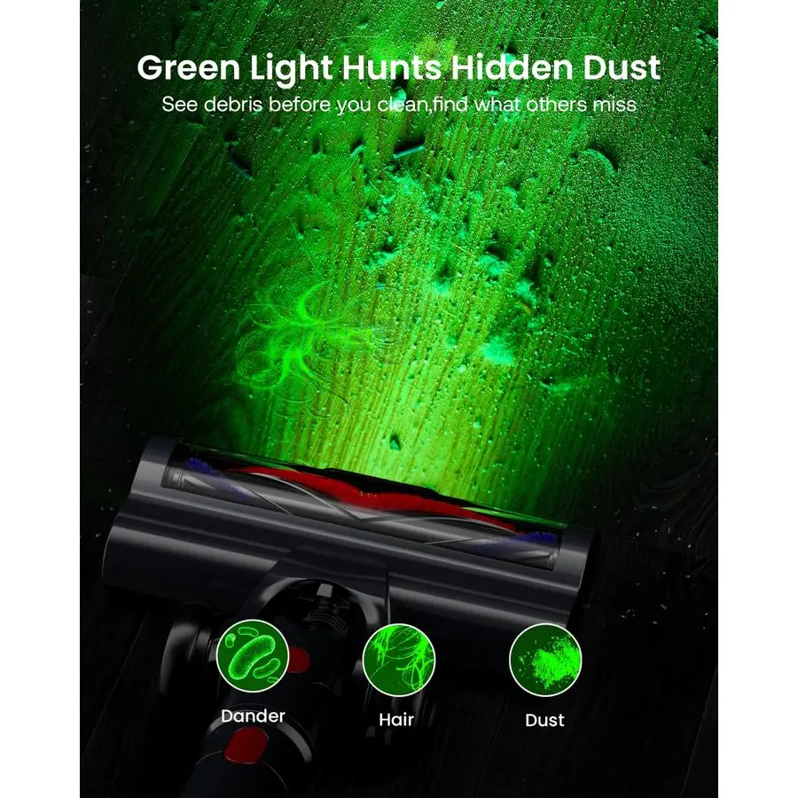 مكنسة كهربائية للمنزل، مكنسة كهربائية مطورة بقوة 60 كيلو باسكال لشعر الحيوانات الأليفة مع وقت تشغيل 70 دقيقة، ضوء LED أخضر للأرضيات الصلبة