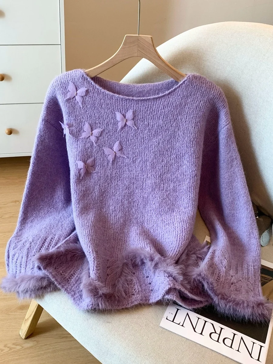 Sweet Soft  Embroidery round Neck Knitted Sweater Women's Autumn Winter Fluffy Soft Bell Sleeve Comfortable Knitwear view 2