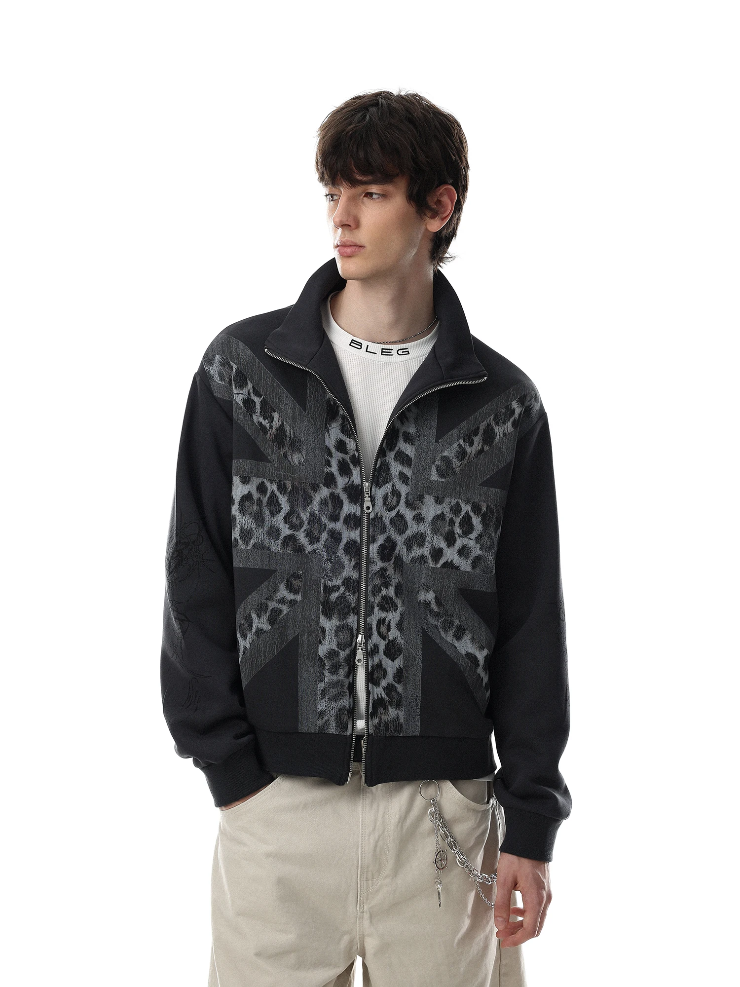 American Style Street Leopard Print Patchwork Stand Collar Men's Design Sensation Small Crowd Trendy Brand Zipper Open Cardig...