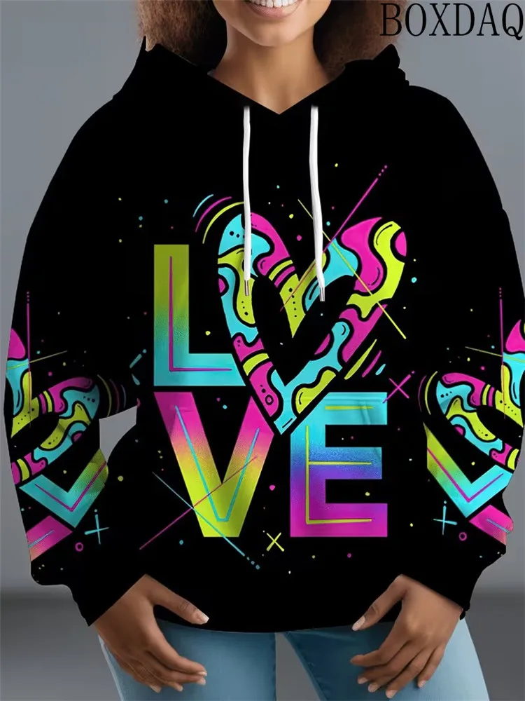 New Tie Dye Heart-Shaped Pattern Print Sweatshirts For Women's Casual Hooded Long sleeved Drawstring With Pocket Autumn Hoodie