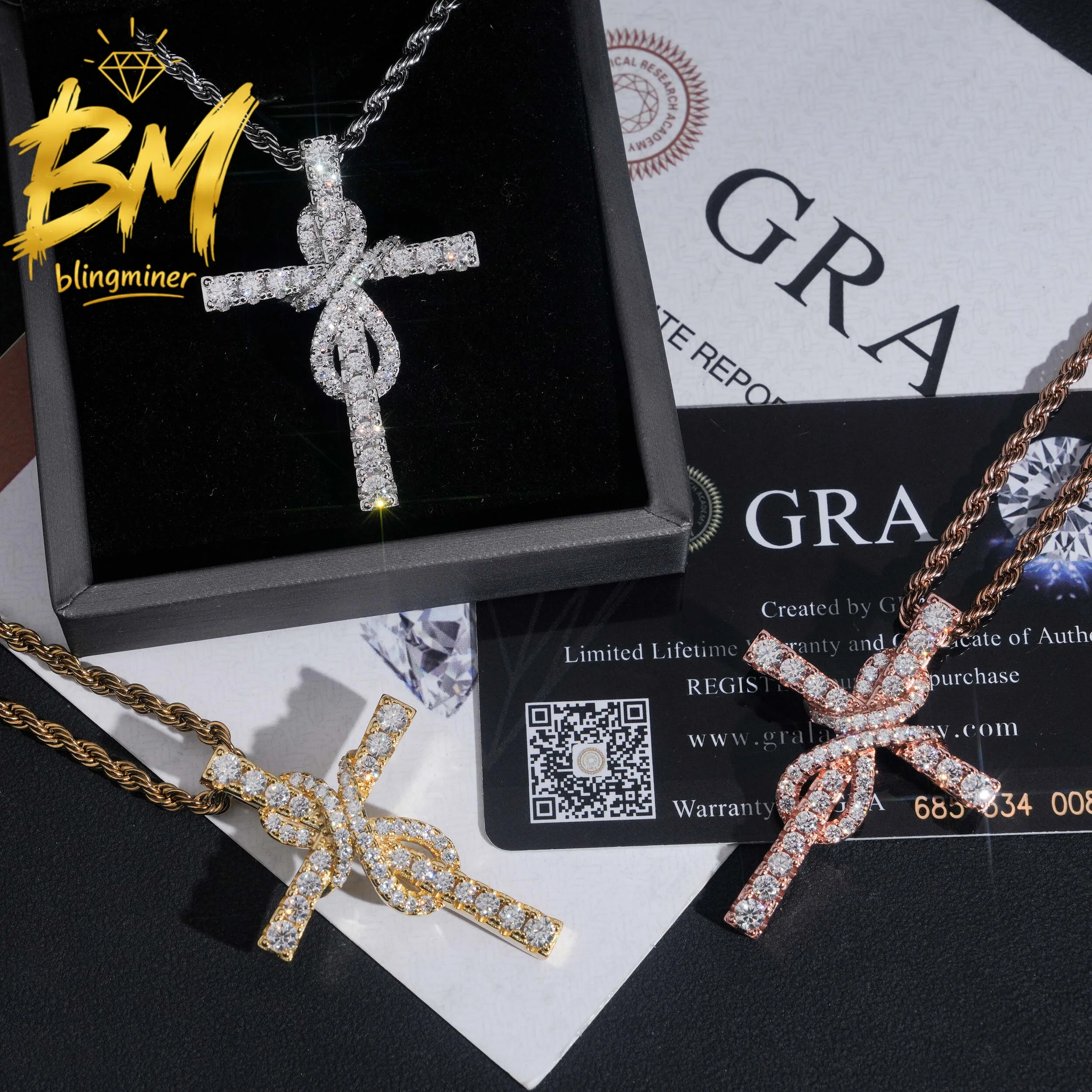Blingminer S925 Silver Hip Hop Cross VVS Moissanite Pendant For Men Women Pendants Jewelry Pass Diamonds Tester GRA