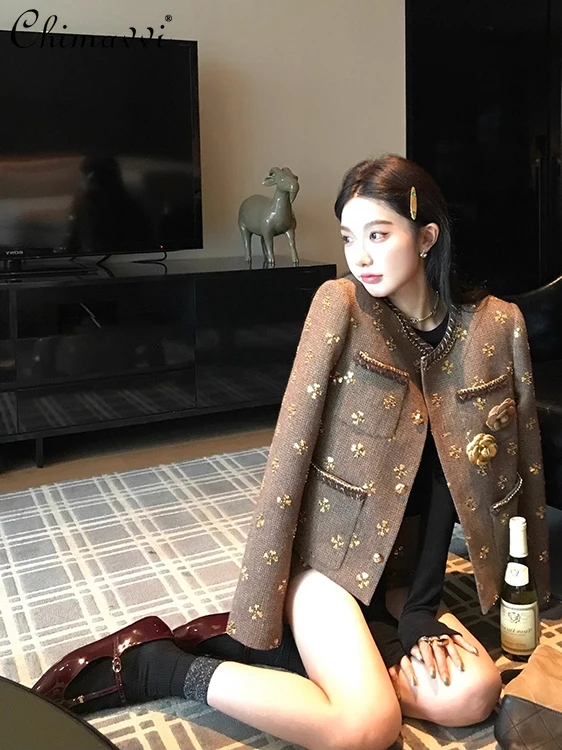 

Heavy Sequin Herringbone Pattern Jacket Women Autumn Winter New Elegant Loose Slim Shorts Set Elegant Women's Two-Piece Set