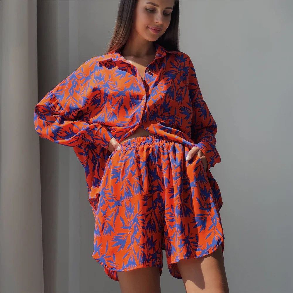 Printed Shirt Suit 2024 Summer Fashion Casual Orange Bamboo Leaf Printed Shirt Shorts Suit Ensemble Femme 2 Pièces