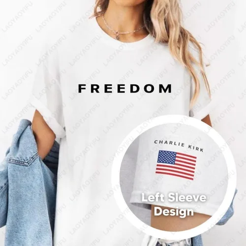Imagen 2 del producto Diseño de manga Charlie Kirk Freedom camiseta Freedom camisetas Charlie Kirk punto de giro Tops hombres Woamn Camiseta de algodón de alta calidad