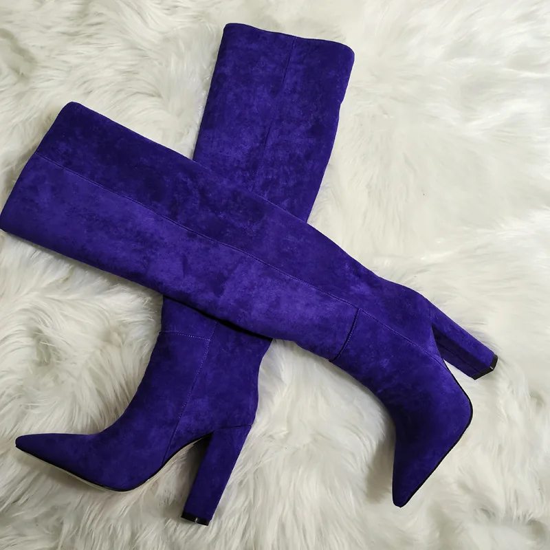 

Fashion Chunky High Heels Beige Nubuck Thigh Boots Square Heels Pointed Toe Loose Slip On Nutural Draped Over Knee Suede Boots