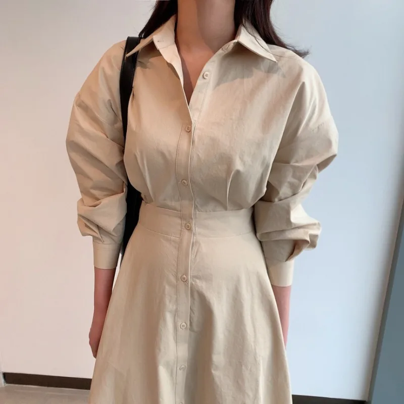 여성용 화이트 엘레강트 맥시 셔츠 드레스 싱글 브레스트 롱 랜턴 슬리브 하이 웨이스트 드레스 한국 시크 오피스 레이디 출퇴근 프렌치 스타일