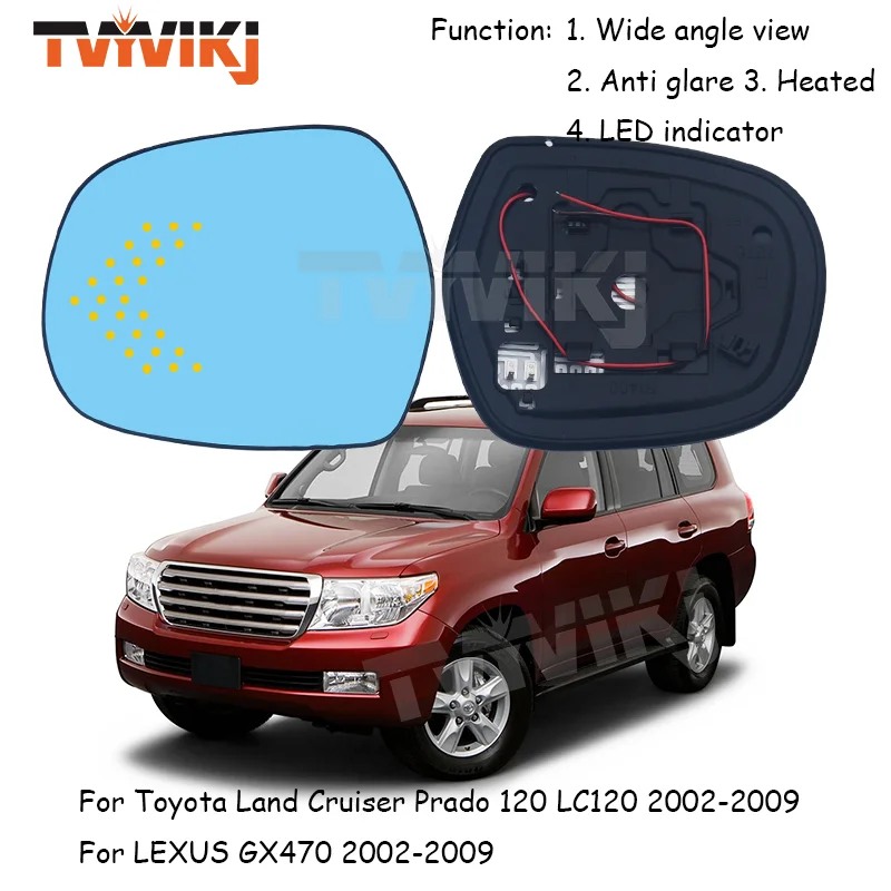 1 pair Side Rearview Mirror Blue Glass Lens LED indicator For Toyota LAND CRUISER PRADO LC120 GX470 2002-2009 Wide angle view