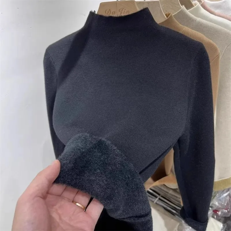 جديد غير رسمي الصلبة الصوف مبطن قاع تريكو نصف عالية الرقبة محبوك الخريف الشتاء البلوزات الناعمة أنيقة الدافئة البلوز #3