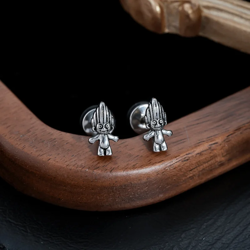 3D Vintage Troll Doll Screw Back Studs Antique Silver Stainless Steel Cartoon Piercing Earrings for Men