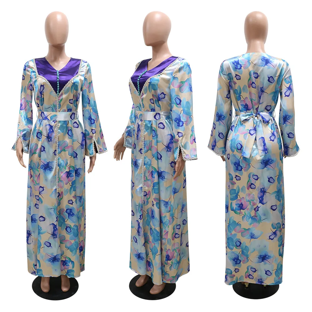 Eid Mubarak Djellaba Diamonds Floral Print Party Dress Women Muslim Arabic Abaya Robe Evening Gown Marocain Kaftan Dubai Jalabiya