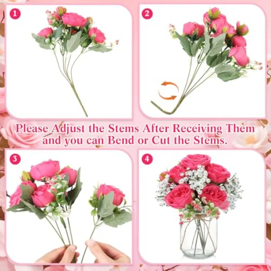 12 Sets Mason Jar Centerpiece Table Decorations: Artificial Peony Baby's Breath Bouquets in Hot Pink Rustic Faux Flowers with G