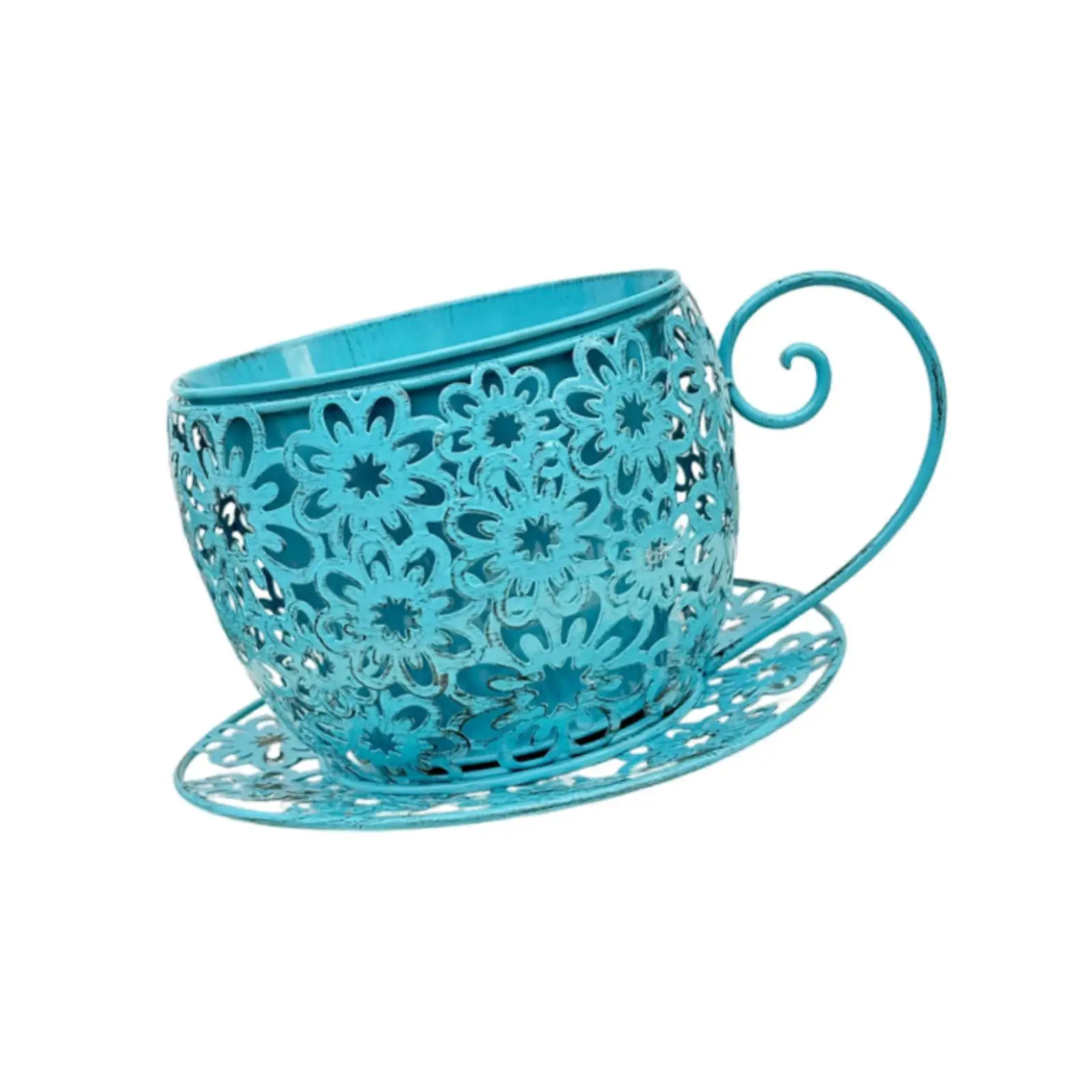 Metal Flower Pot Hollow Floral Design Cup Planter with Saucer for Garden Decor and Balcony Flowers