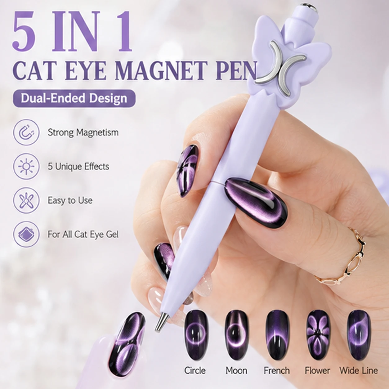 5-in-1 Feenstab Katzenaugen-Nagelmagnet Doppelkopf Starker Magnetring Mond Blütenblatt Schmetterling Design Nagelkunst UV-Gel Werkzeug – Detail 4