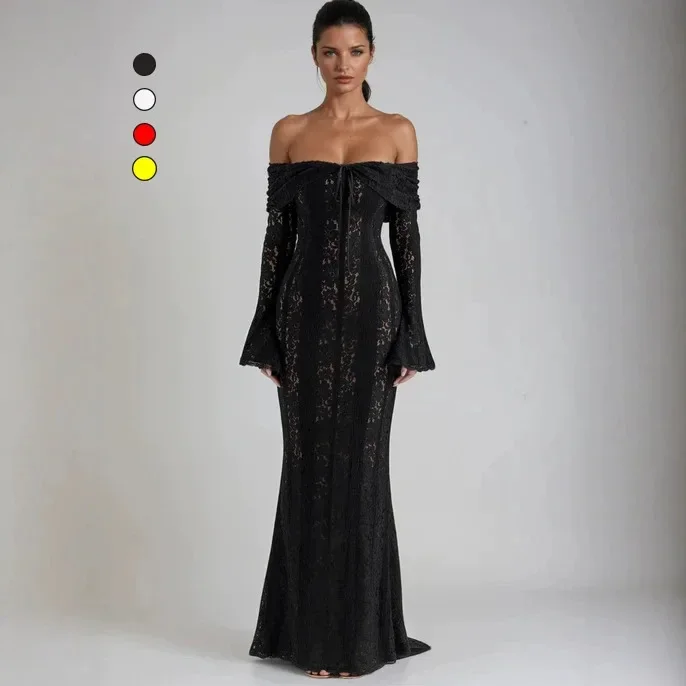 Women Party Long Dress Slash Neck Flare Sleeve Lace Hollow Out Evening Gown Spring Summer Sexy Vestidos 2026