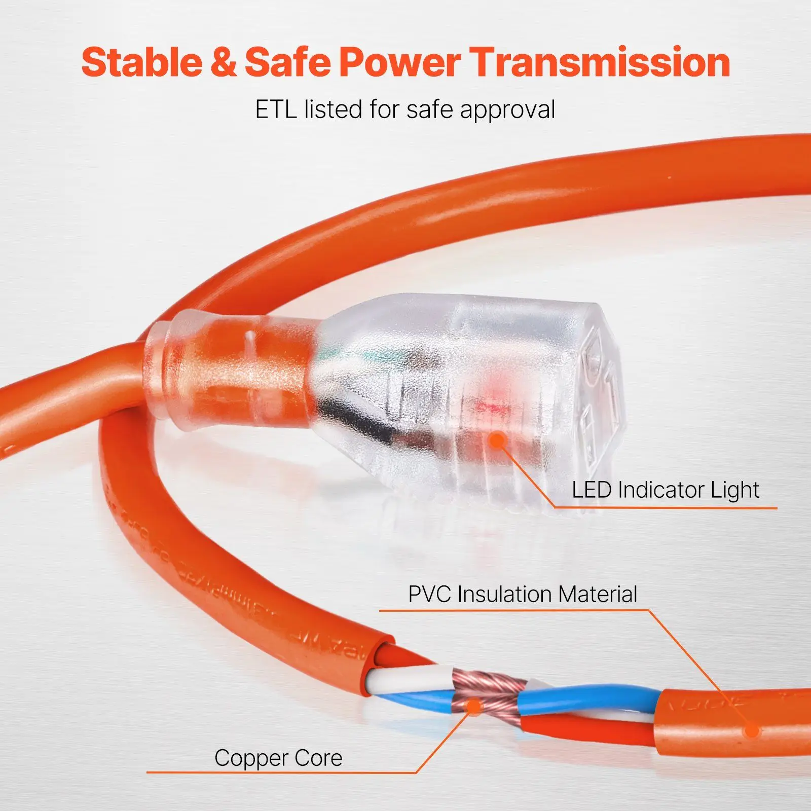 Cavo di prolunga esterno 100FT 16AWG Cavo di alimentazione per carichi pesanti con estremità illuminata Spina a 3 poli 10A 1250W Impermeabile per tutte le stagioni