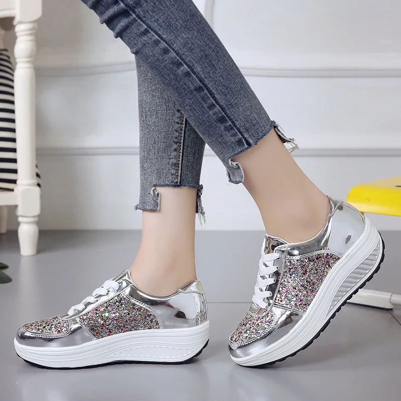 Women's Sneakers Lace Up Vulcanized Shoes Fashion Mirror Casual Shoes Wedges Shoes Plus Size Platform Women Shoe Tenis De Mujer