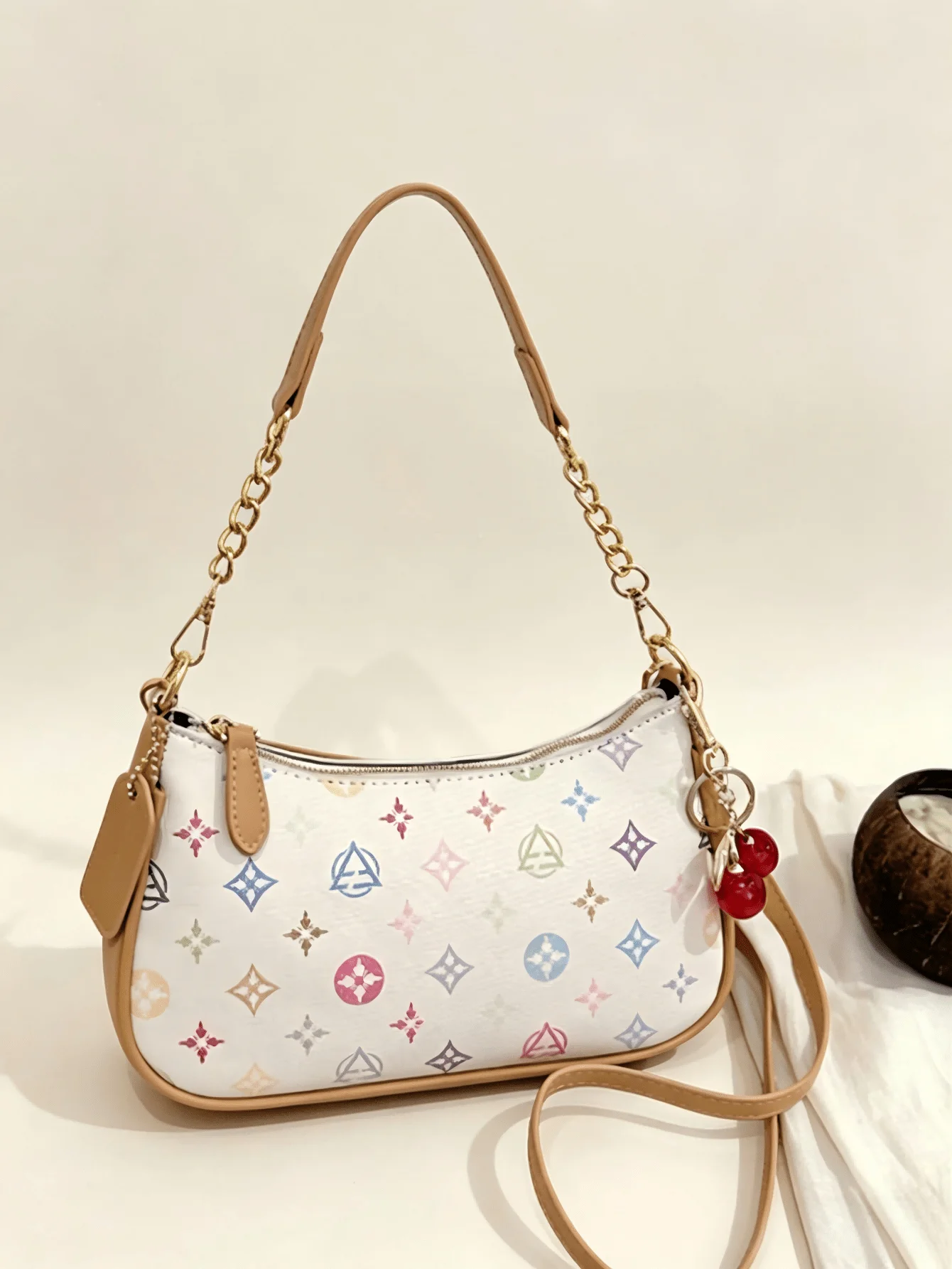Pink Star Letter Crescent Shoulder Bag, PU Waterproof Chain Underarm Purse with Cherry Charm, Women's Crossbody Handbag for Commute Shopping Party
