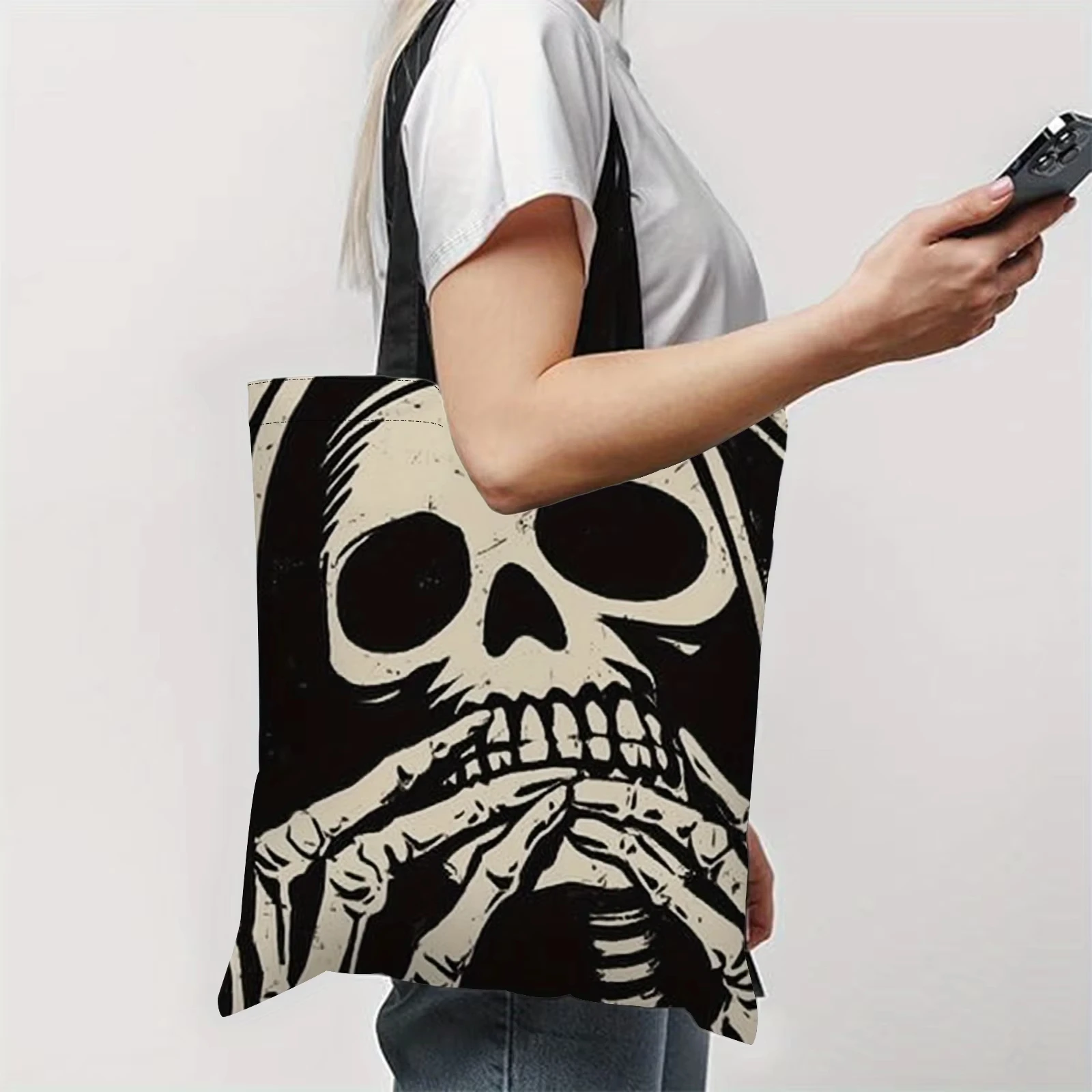 Retro Dark Skull Canvas Bag Gothic Style Pentagram Letter Printed Commuter Large Capacity Handheld Shopping Bag