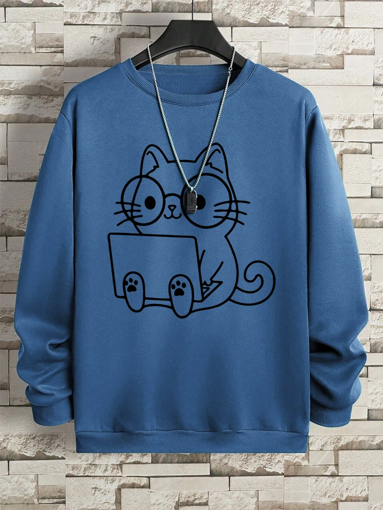 Gentleman Cat At Work Print Man Sweatshirt Hip Hop Loose Hoodie Autumn New Hoody Fashion Streetwear Pullover O-Neck Menswear