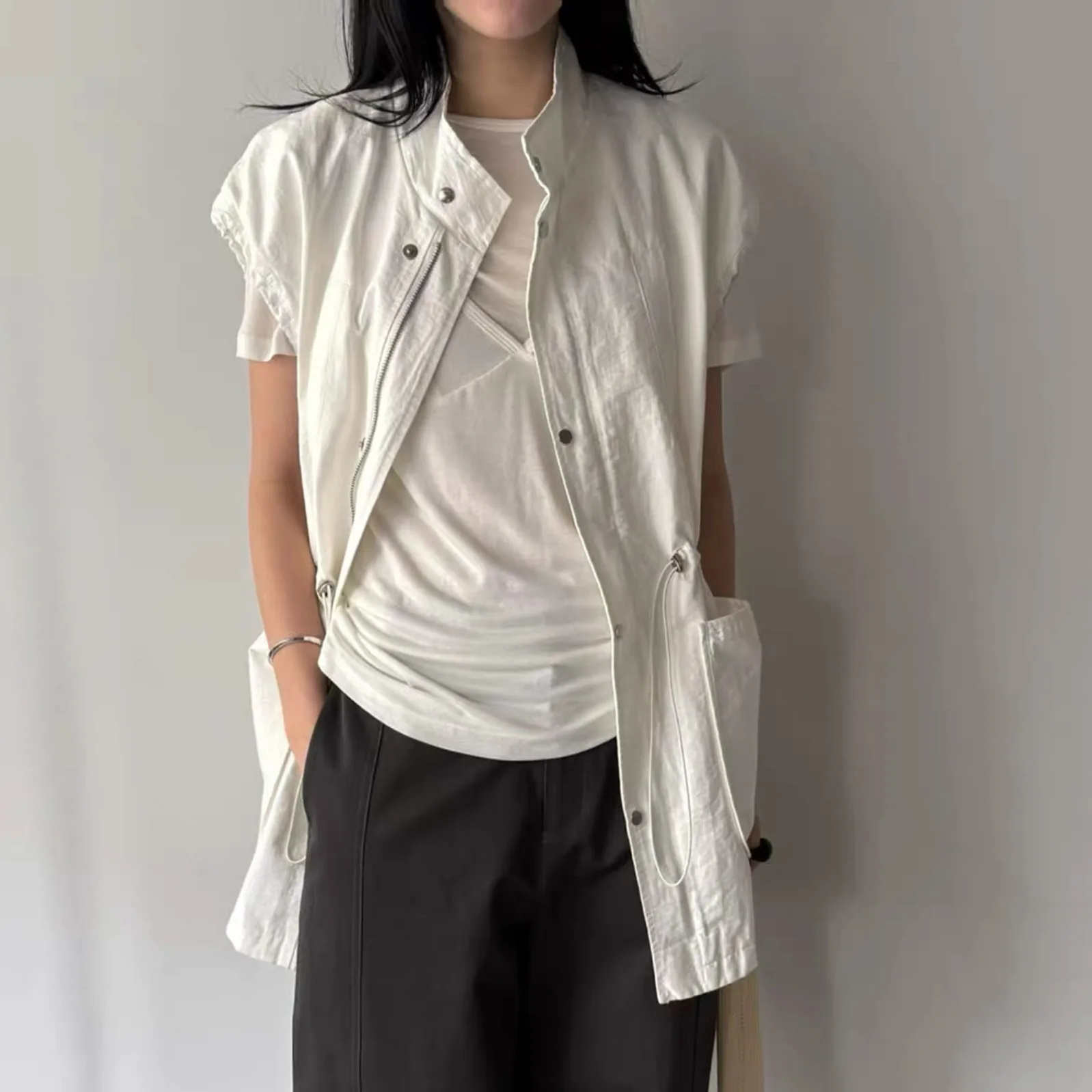 Chaleco de mujer Top Casual Dstring Svel Stand Collar Primavera Verano nuevo Sle alta gama europea coreana Faion tendencia