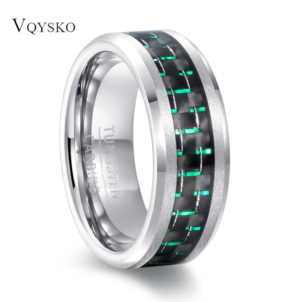 8mm Tungsten Mens Ring Chamfered Inlaid Carbon Fiber Stainless Steel Ring for Women Wedding Band Couples Jewelry Accessories