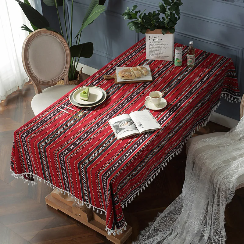 

Bohemian Style Ethnic Wedding Yarn Dyed Jacquard Red Stripe Tassel Tablecloth European Rectangle Linen and Cotton Tablecover
