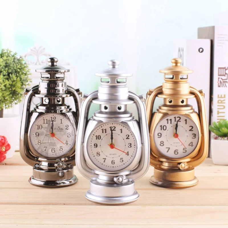 1Pc Retro Kerosene Light Alarm Clock Vintage Alarm Clock Table Clock Living Room Decor Articles Office Craft Ornament