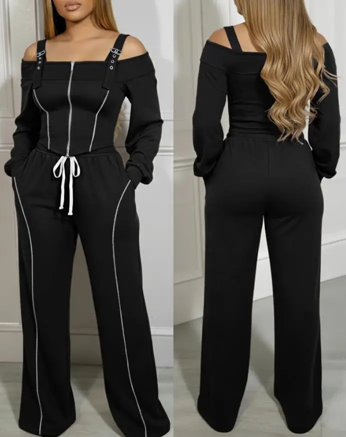 ツーピースセット レディース服 2025年春新作 無地 長袖 コールドショルダー トップス＆ドローストリングウエストパンツセット ポケット付き