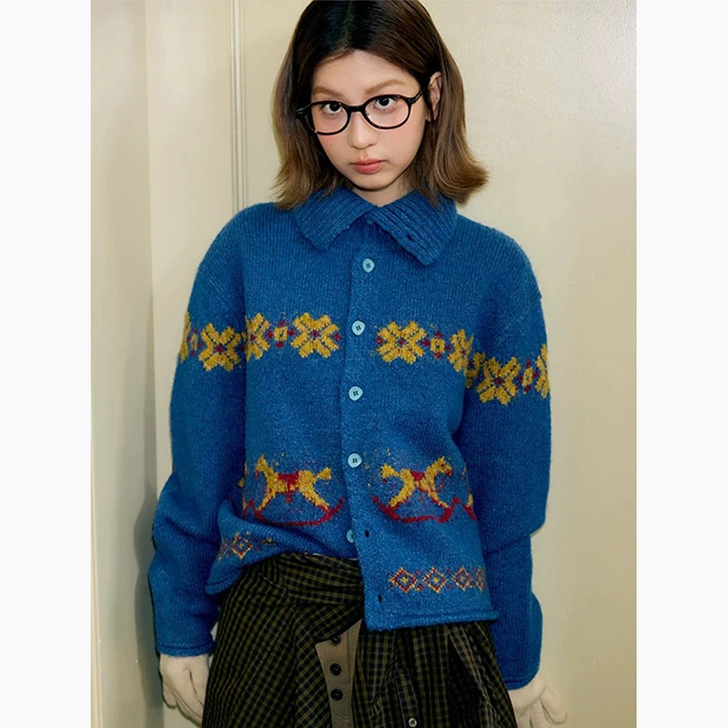 Vintage Print Cardigan Fall Winter Women Loose Preppy Style Cute Cartoon Knitted Sweater Autumn Lazy Wind Female Buttons Tops
