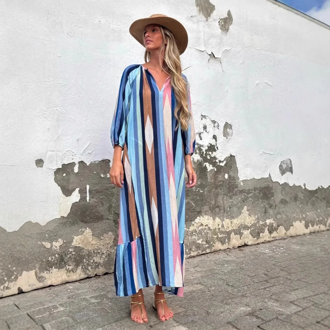 Robe décontractée pour femmes, vacances, mode couleur imprimée, col en v, manches sept-quarts, surdimensionnée, ample, nouvelle collection printemps et automne 2025