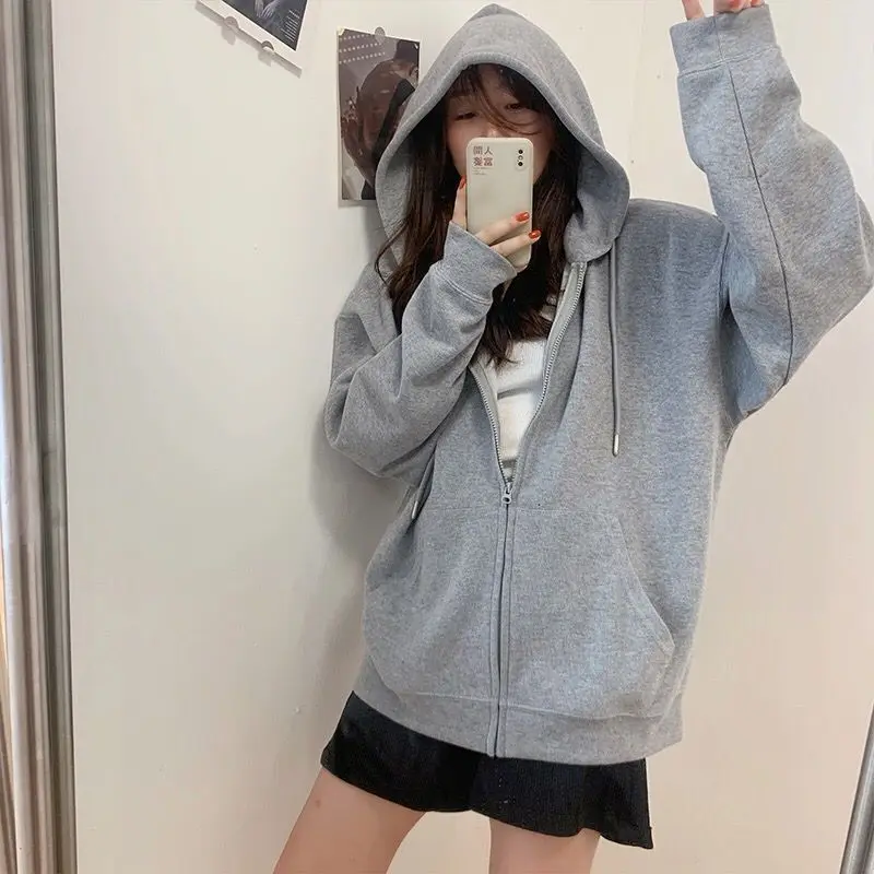 2026 Autumn New Hooded Sweatshirt Women Lightweight Long Sleeve Korean Style Loose Zip Up Jacket Student Sports Cardigan Spring