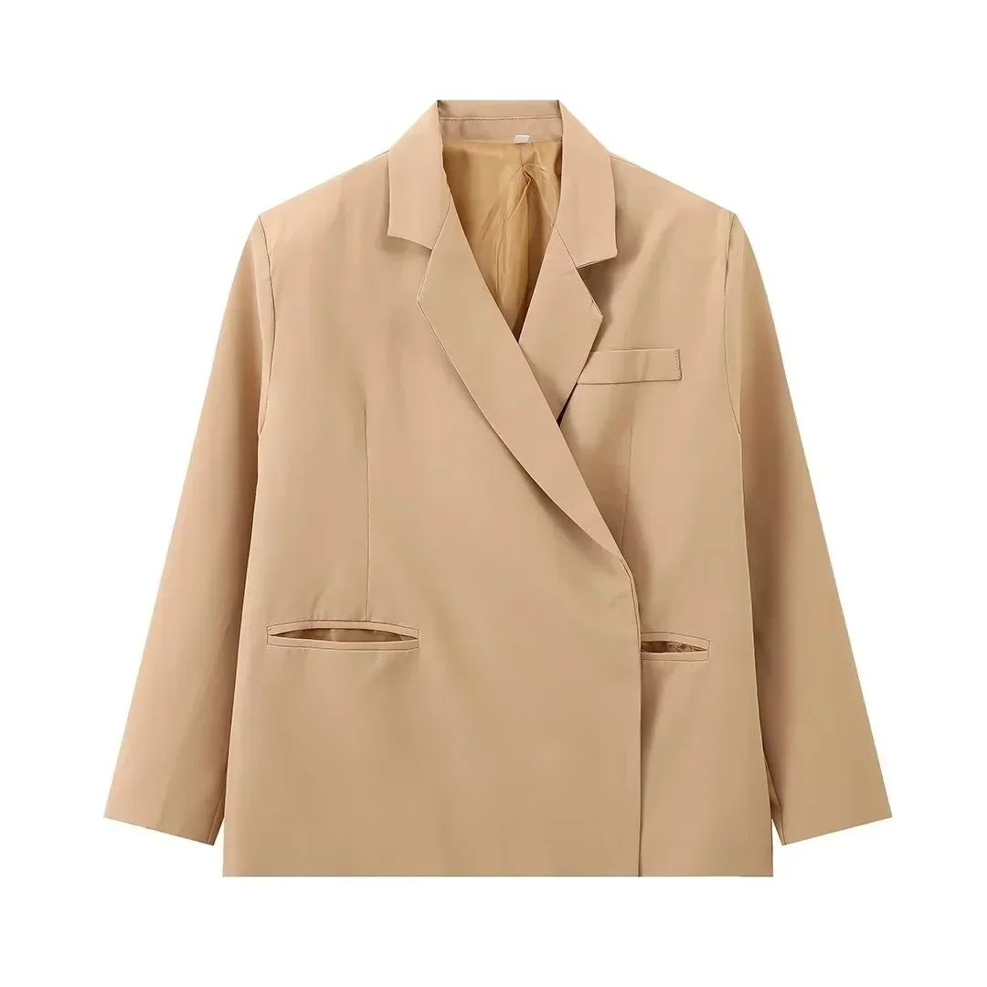 Modevolle effen blazer met verborgen knoopsluiting, wijde pasvorm, elegante zijsplit, lange mouwen, dames colbert 2024, damesjas, high street buitenkleding