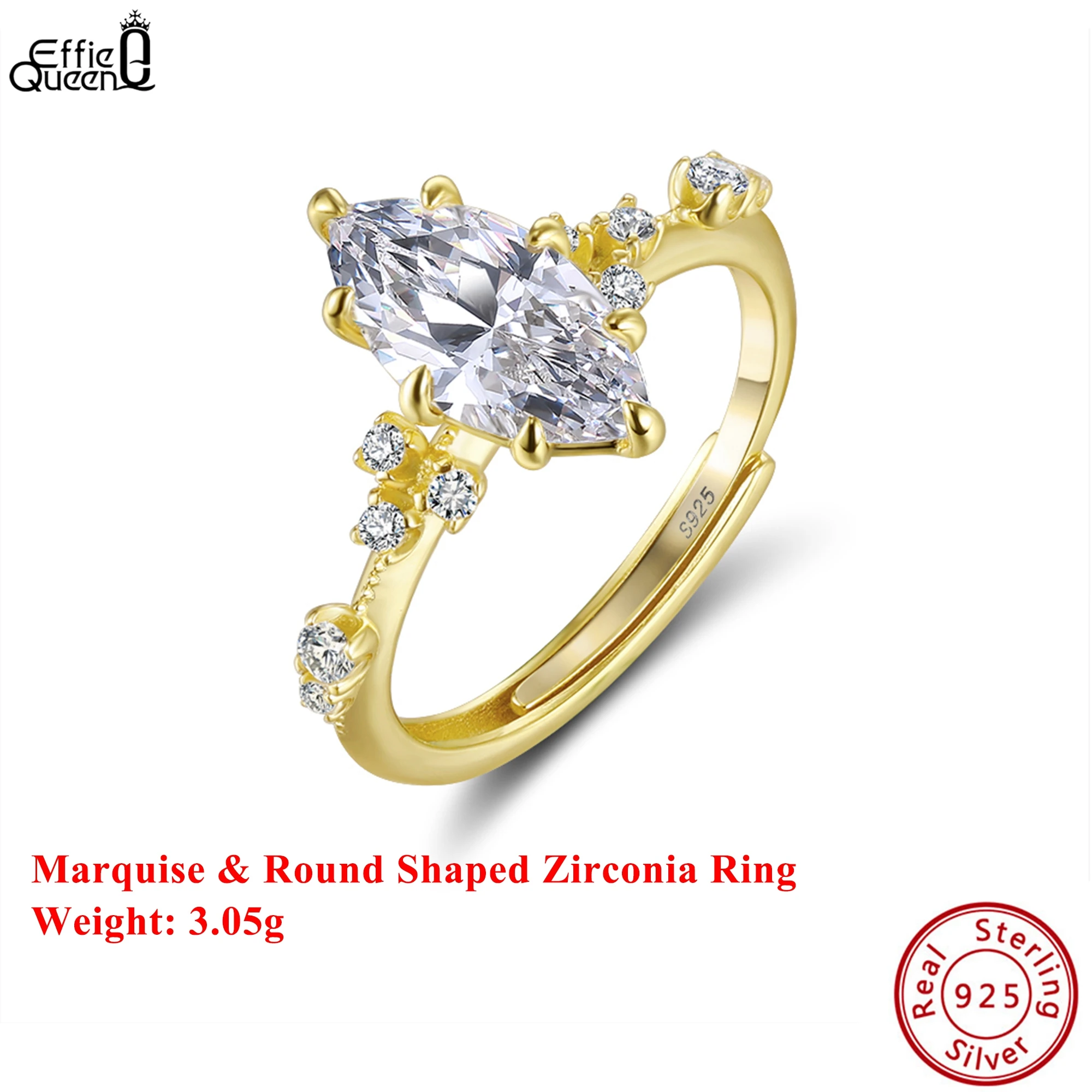 

Effie Queen 925 Sterling Silver 14k Gold Marquise & Round Zirconia Ring Luxury Jewelry for Women, Men Wedding Party Gift LZR46