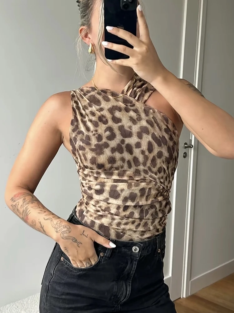 Sexy Women Mesh Leopard Bodysuits 2024 Fashion Ladies Vintage Slim Transparent Bodysuit for Female Holiday Chic Clothes Cute