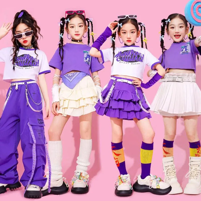 Girls Ballroom Cute Streetwear Children Hip Hop Crop Top Purple Tiered Skirts Clothes Sets Kids Teens Street Dance Jazz Costumes