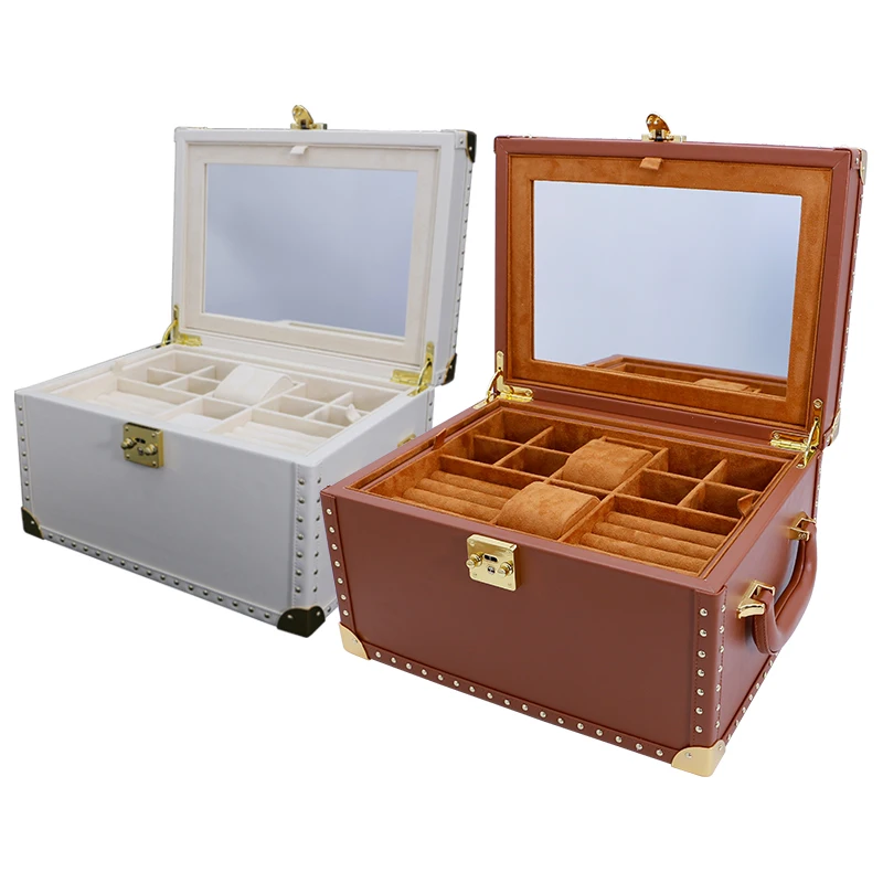 Jewelry Storage Box with Mirror Inside Earrings Necklace Ring Storage Large Storage Leather Jewelry Collection Box