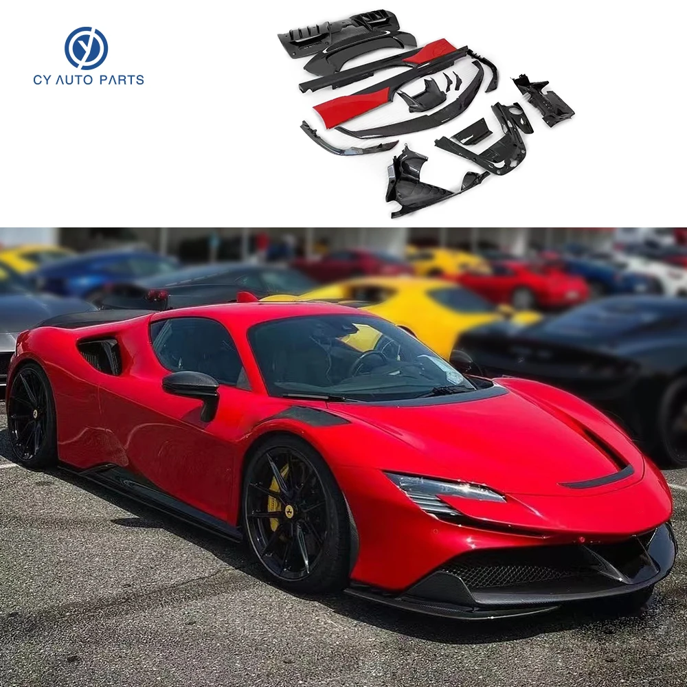 For Ferrari SF90 OEM Style Dry Carbon Fiber Front Bumper Lip Splitter Rear Diffuser Side Skirts Spoiler Body Kit