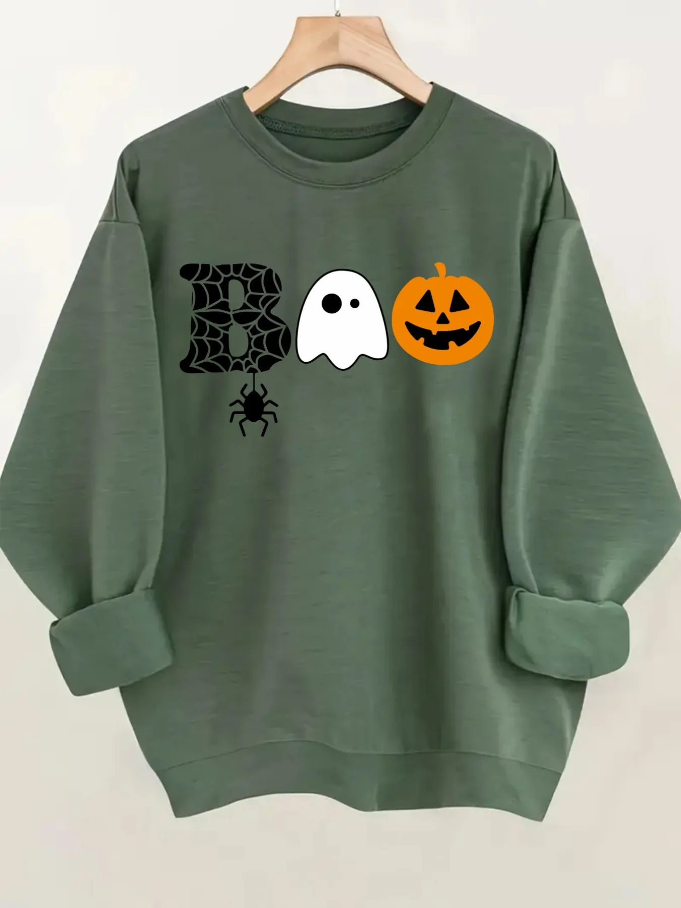 Women's Crewneck Pullover Sweatshirt Boo Ghost Pumpkin Design, Soft Casual Long Sleeve, Daily Casual Top Outfit, Winter Women's Clothing, Halloween Costume Outfit