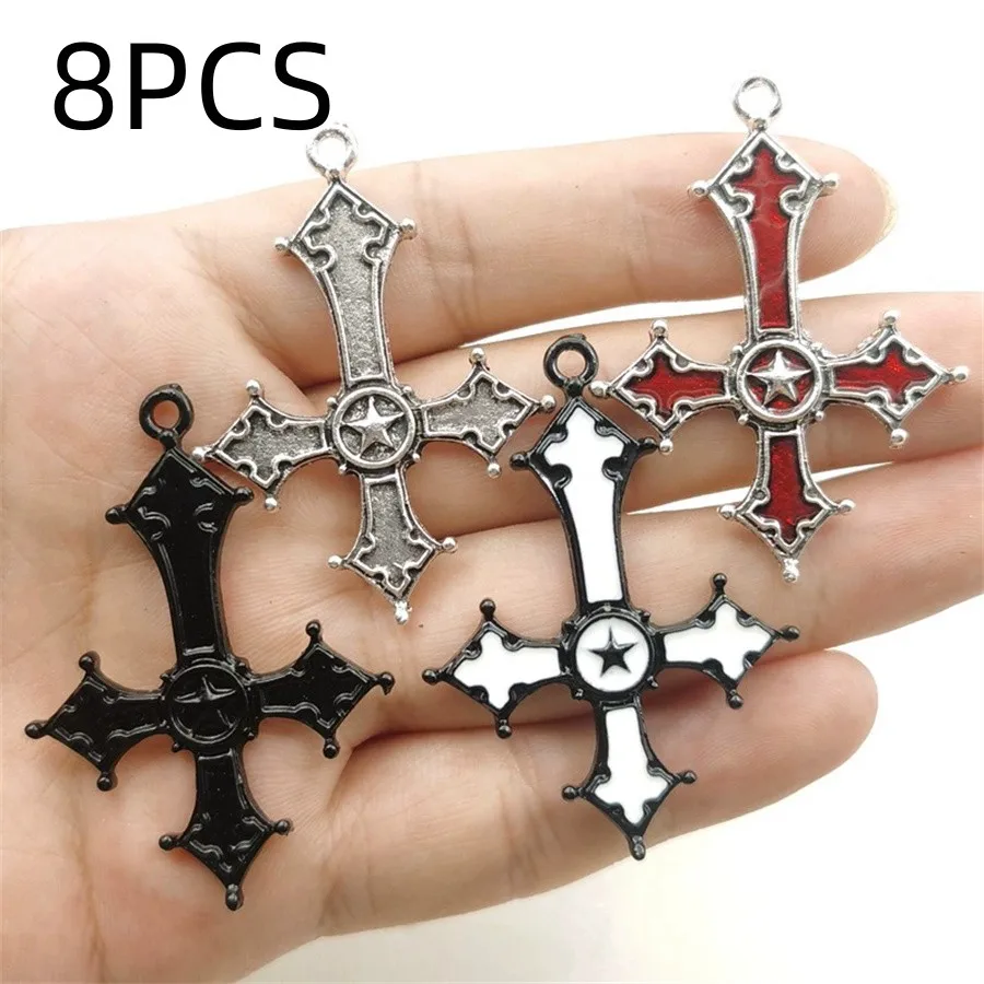 8PCS Vintage Dark Gothic Inverted Cross Pendant DIY Alloy Jewelry Accessories Keychain Pendant