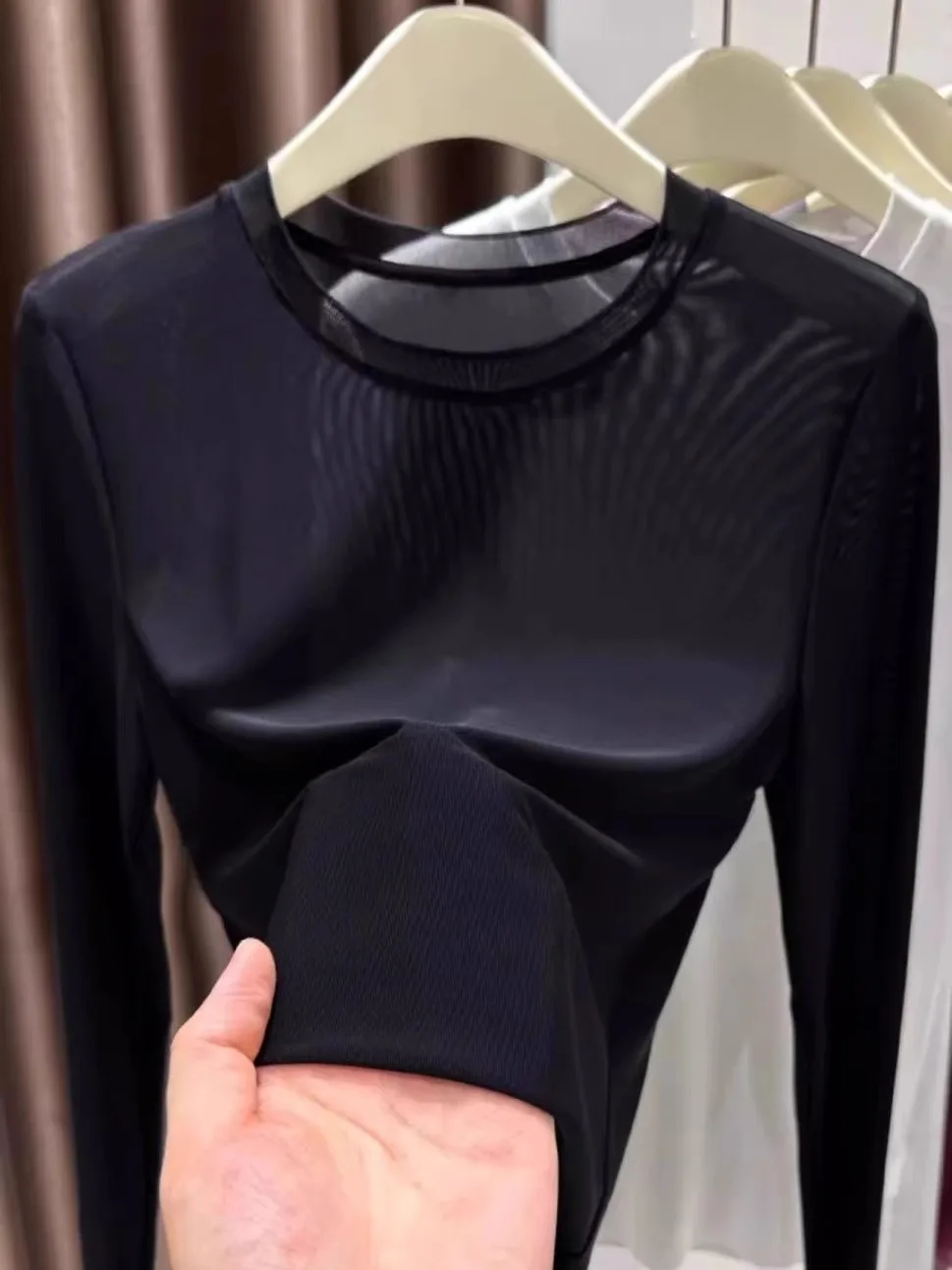 White Lace Base Shirt Women's Summer Long Sleeve round Neck Transparent Net Shirt Thin Inner Sun Protection Cover up T-shirt