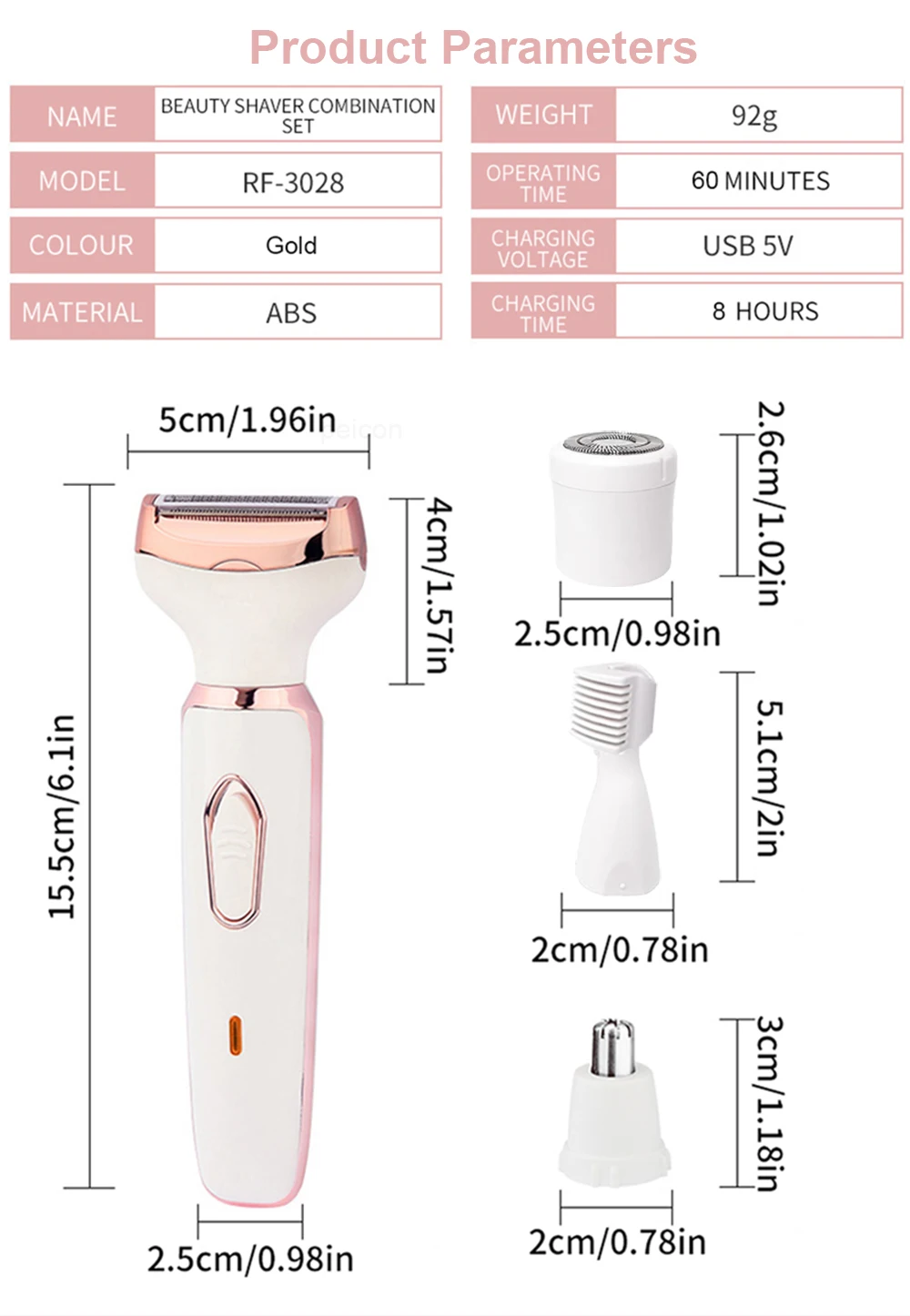 4-in-1 Elektrischer Damenrasierer, wiederaufladbarer Haarentferner, Pflegegerät für Körper, Bikinizone, Gesicht, Augenbrauen und Nasenhaare – Detail 11
