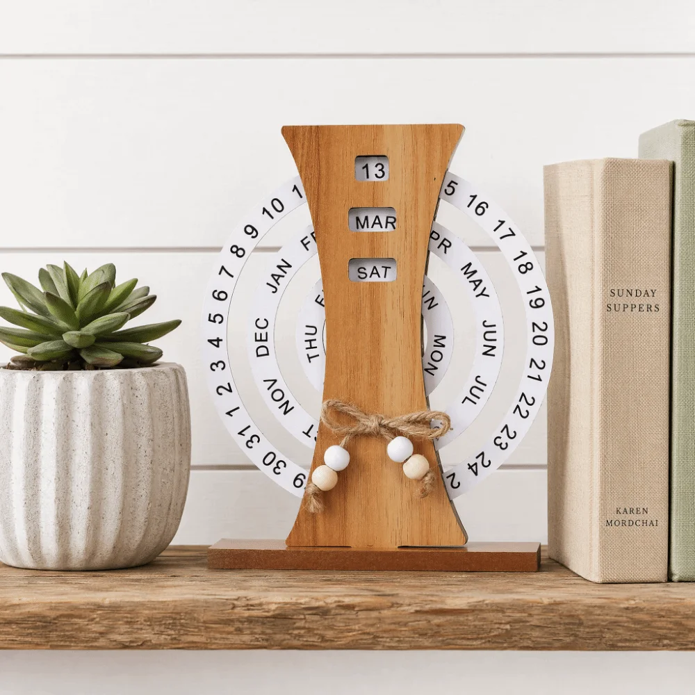 Wooden Rotatable Wooden Perpetual Desk Calendar Manual Twist Date Month Weekday Table Ornament
