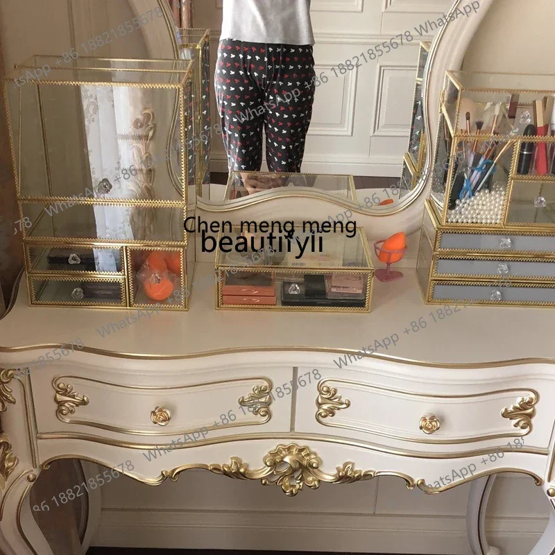D178  European dresser solid wood carving flower beauty French light luxury bedroom pearl white lord makeup table small apartmen