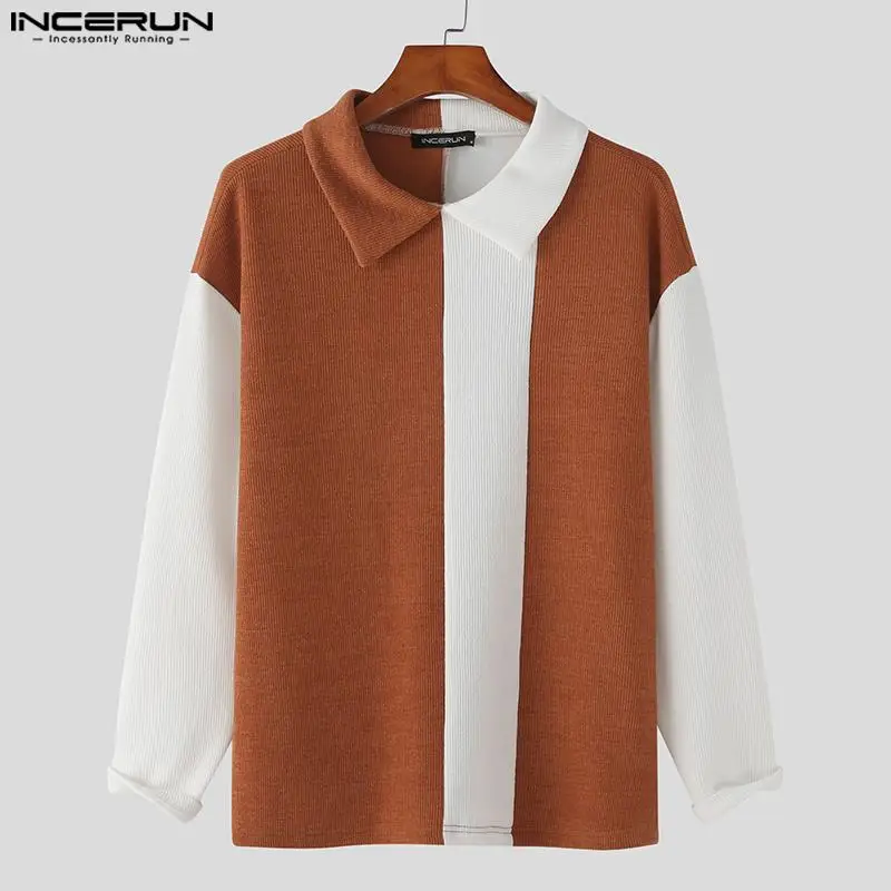 Korean Style Handsome New Men Tops INCERUN Contrast Knitting Pullovers Casual Fashion All-match Long-sleeved Lapel Sweater S-5XL